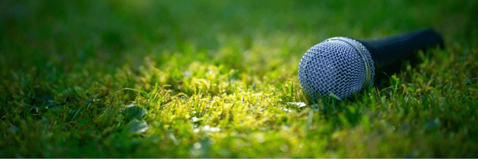 A microphone lying on sunlit grass.